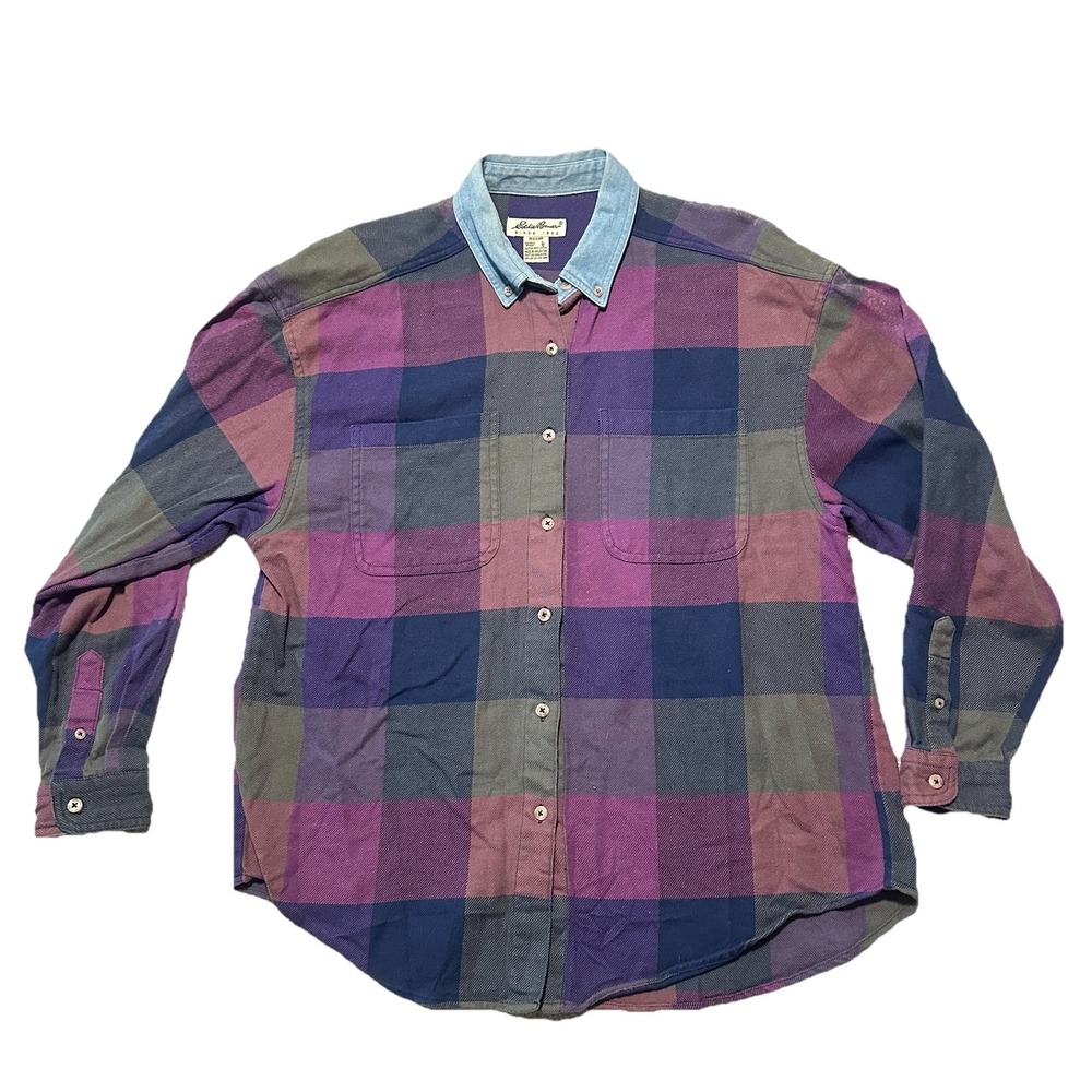 Vintage Eddie Bauer Plaid Shirt Women's Size L Denim Collar Flannel 90s Button